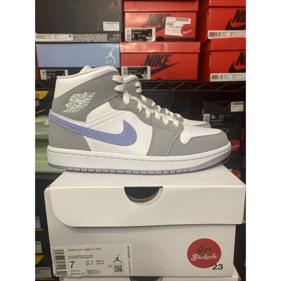 Jordan Shoes - WMNS Nike Air Jordan 1 Mid Wolf Grey Aluminum Shoes Women's Sizes BQ6472-105